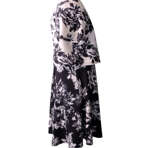 Size L black and white textured floral short sleeves women's midi dress - Picture 3 of 6